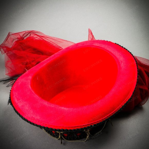 Lace Feather Victoria Steampunk Top Hat Goggle Red - Picture 9 of 9